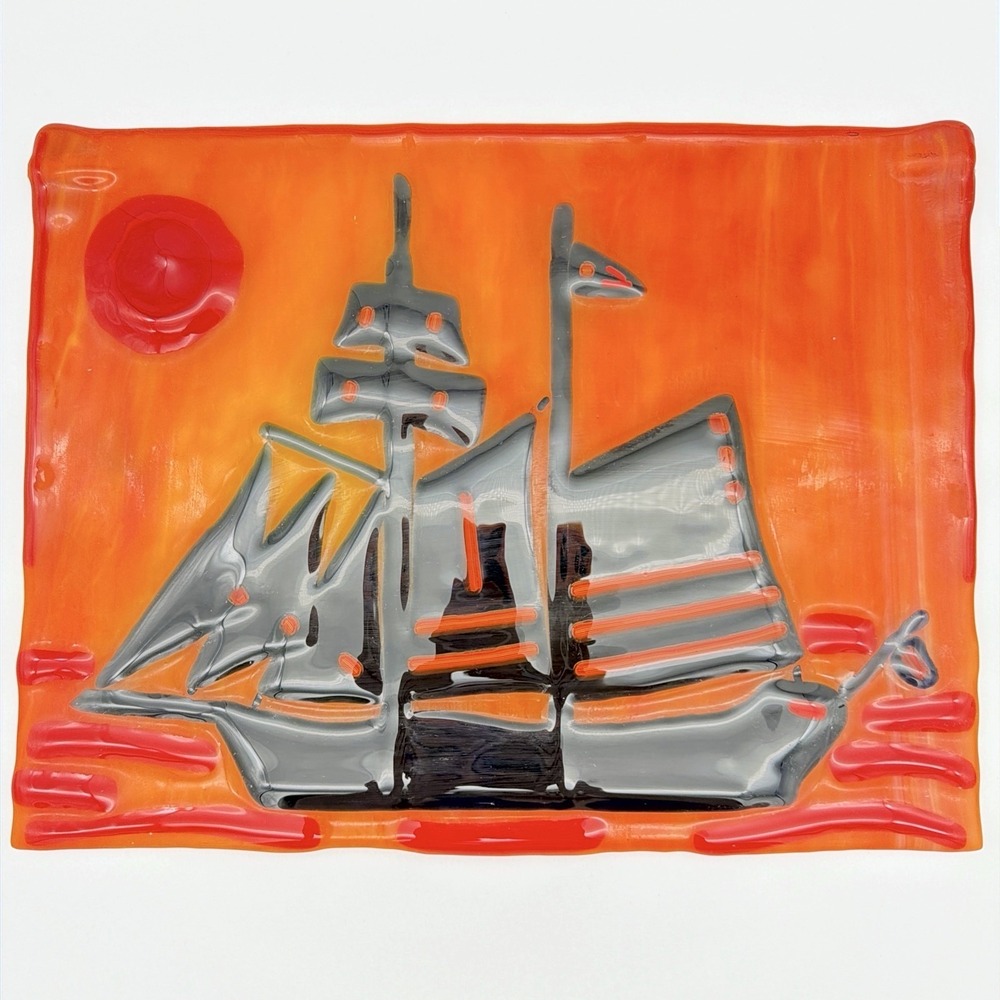 Mid Century Fused Glass Wall Hanging Sailing Ship Sun Motif Orange Red Art Decor